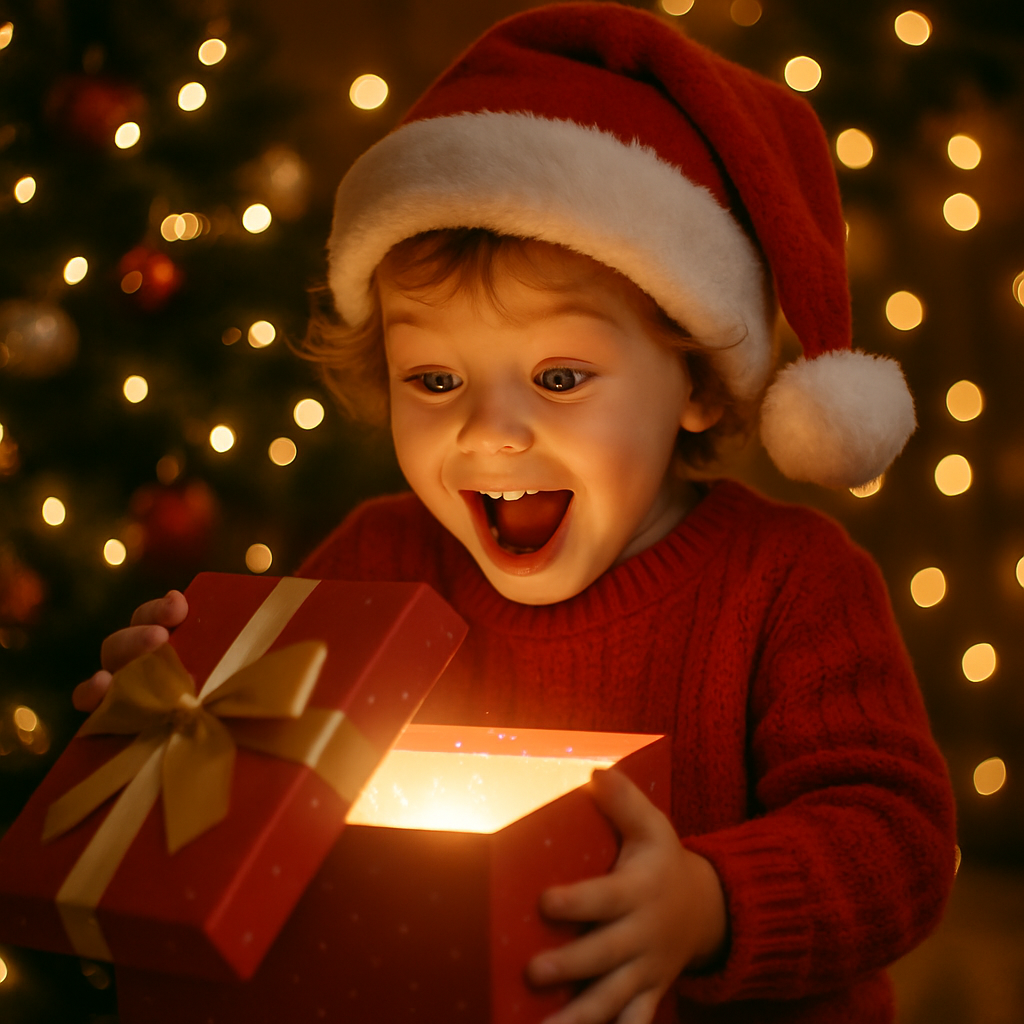 A child joyfully opening a Christmas present