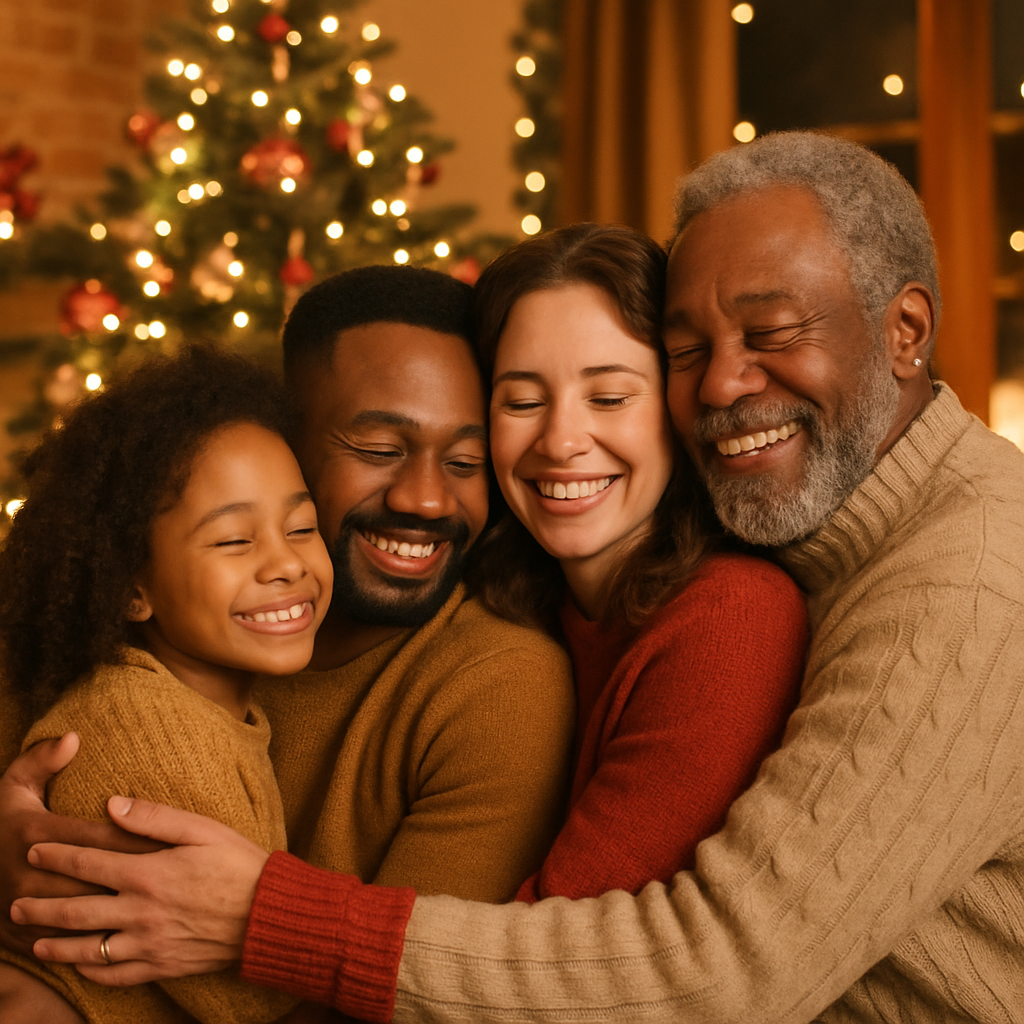 A happy family hugging around the Christmas tree