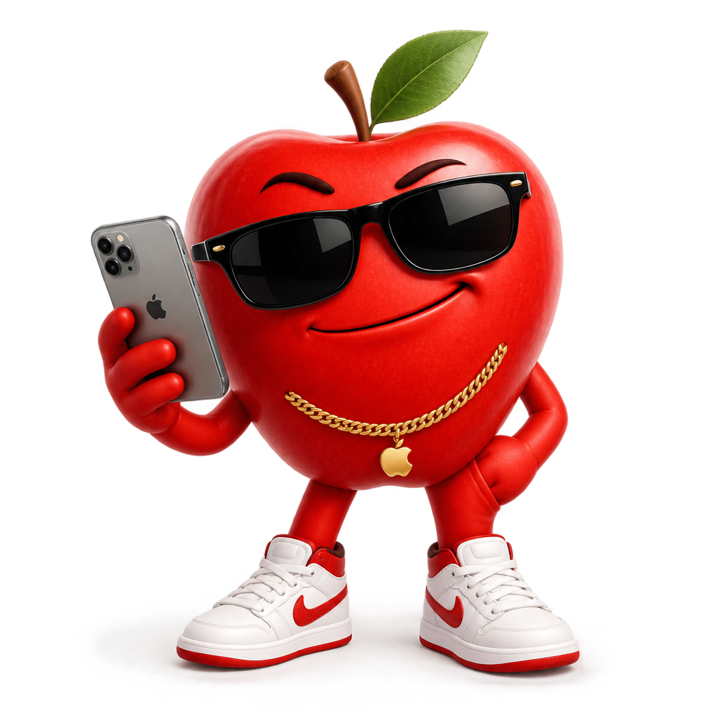 Funny red apple mascot wearing black sunglasses and a gold chain while confidently holding a premium smartphone