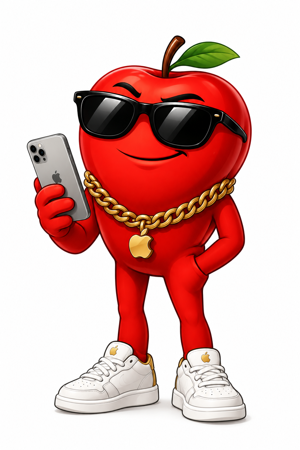 Large red apple mascot with black sunglasses, a gold chain, and a premium smartphone, posing with a confident funny expression in polished vector style