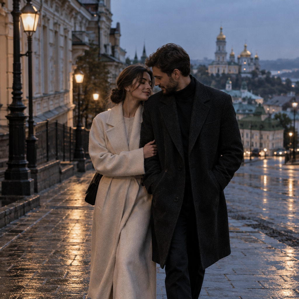 Stylish couple walking together through a quiet Kyiv street at dusk