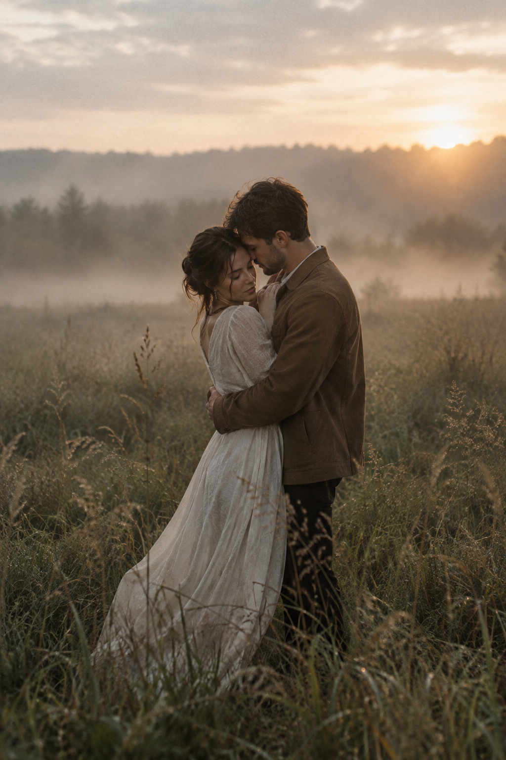 Couple embracing in a meadow under soft evening light