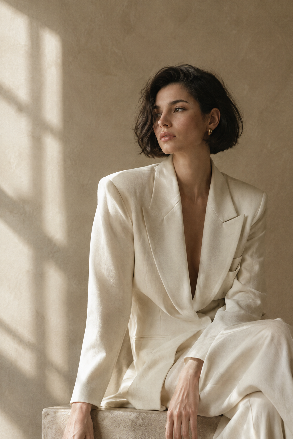 Editorial portrait of a woman in sculptural tailoring against a warm studio wall