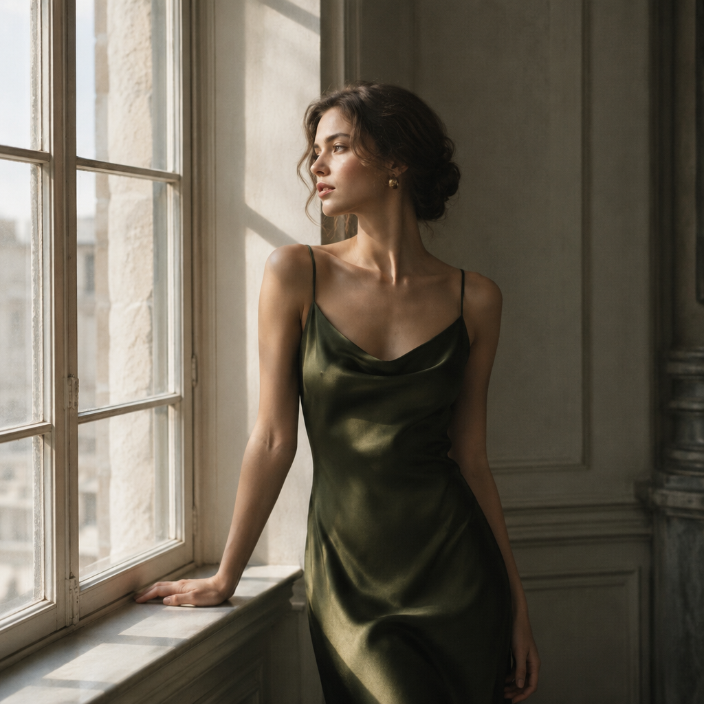 Fashion portrait by a tall window with soft directional daylight