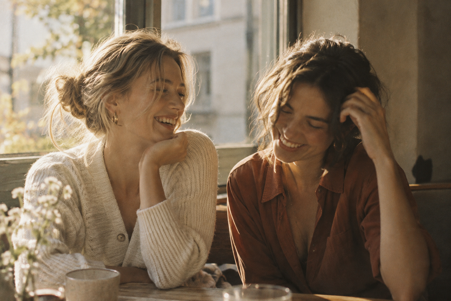 Warm grainy film photograph of two friends laughing in a sunlit café