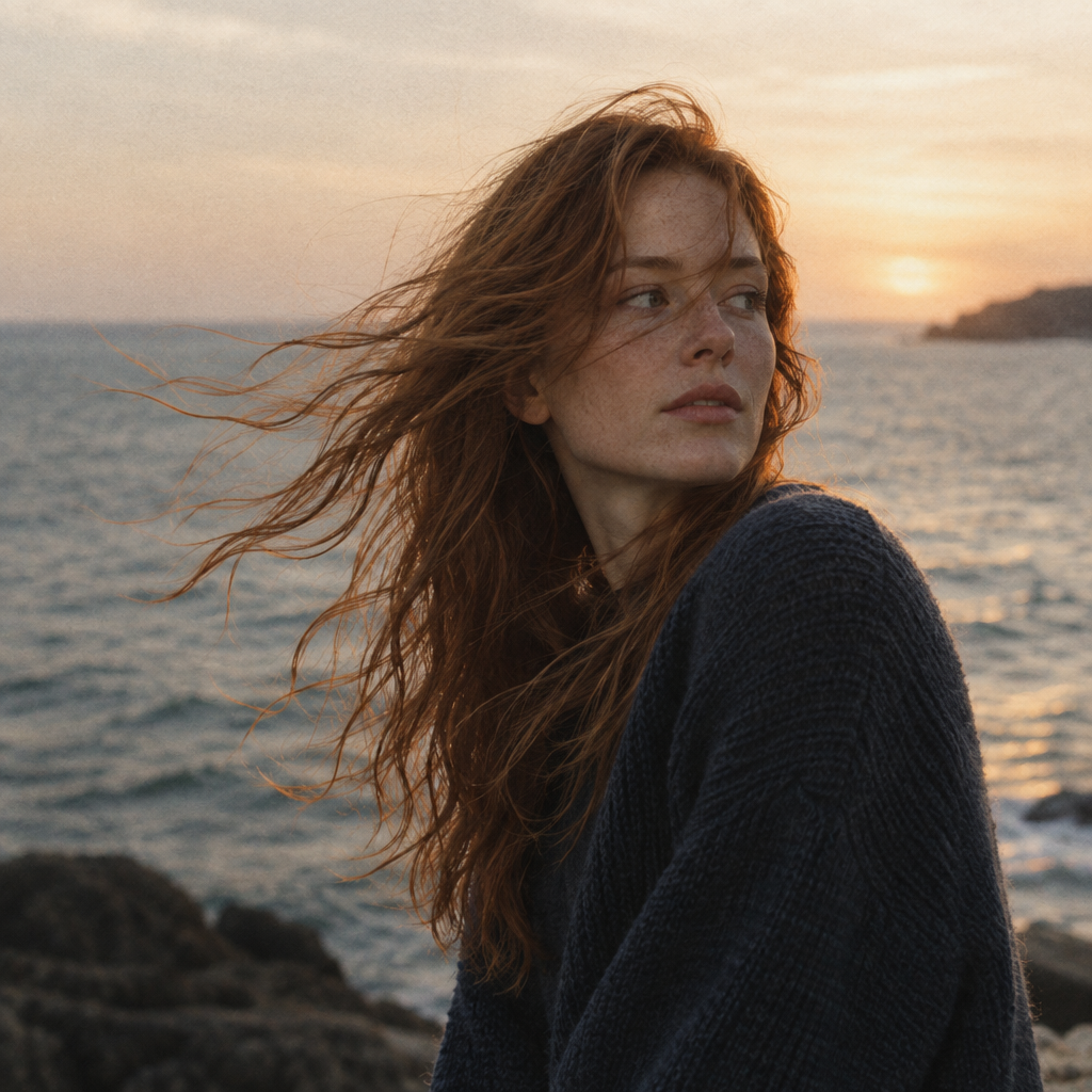 Grainy film-inspired photograph of a woman near the sea at golden hour