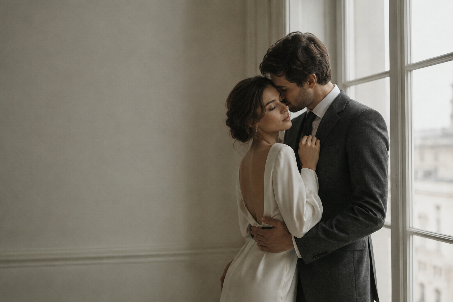An intimate newlywed couple sharing a quiet embrace in soft natural window light