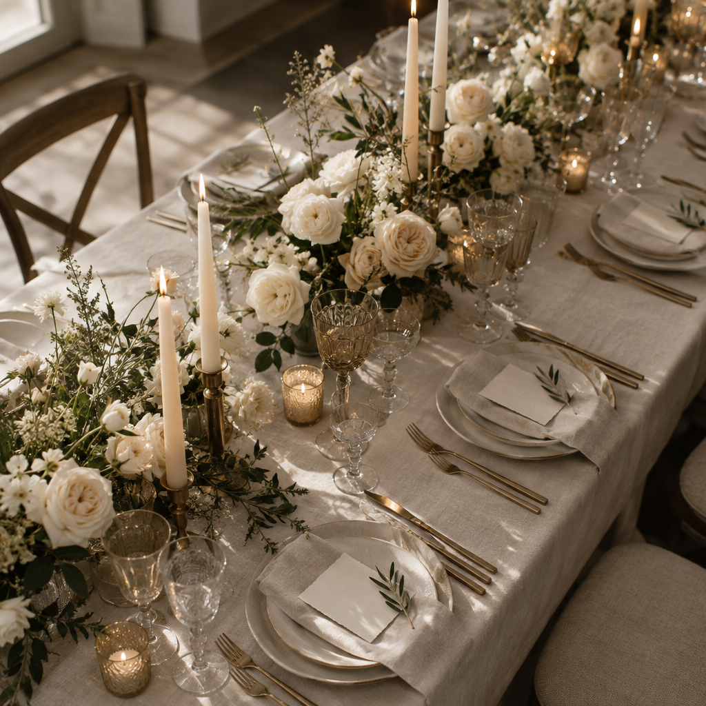 Elegant wedding tablescape with ivory florals and candlelight