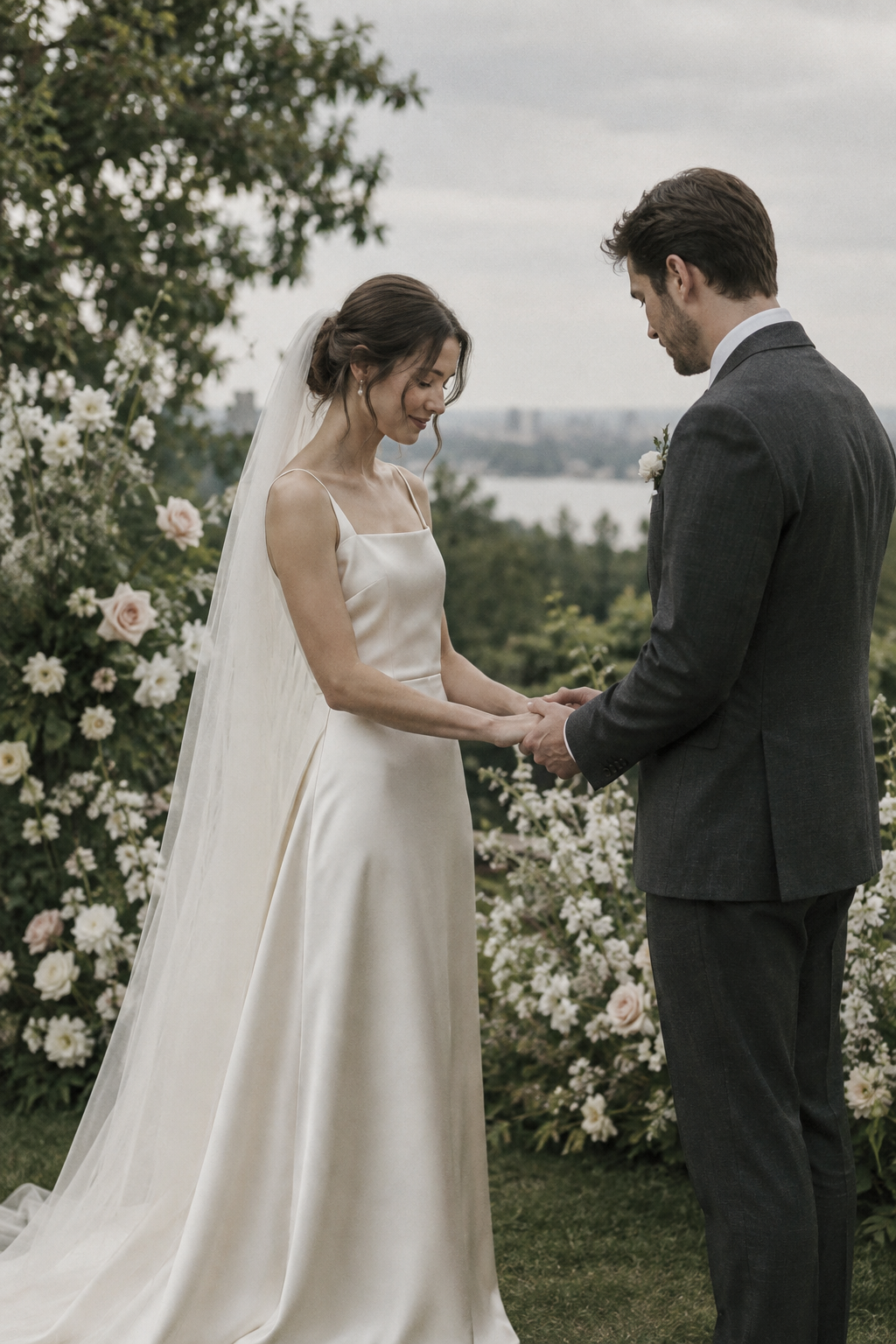 Bride and groom holding hands during an intimate sunlit ceremony