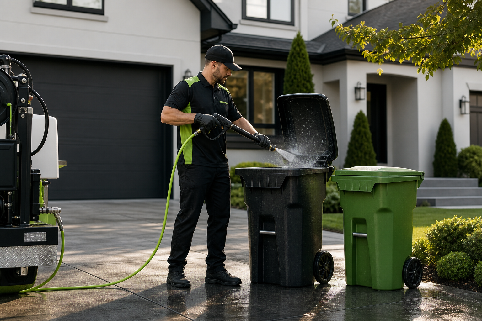 Residential outdoor service illustration showing clean trash bins beside a suburban driveway, a uniformed worker performing bin cleaning and curbside valet service, and a tidy home-front setting