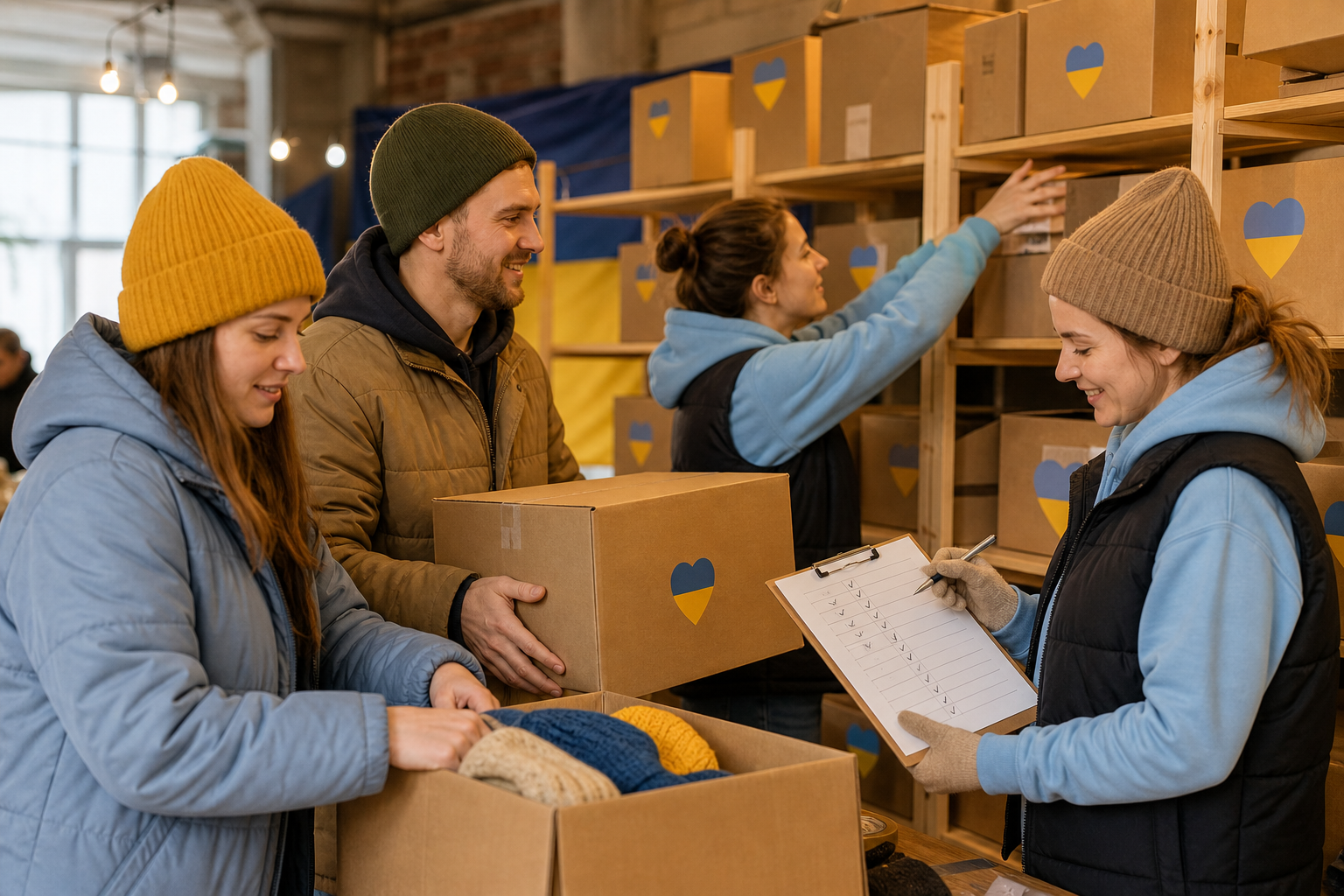 Volunteers organizing labeled aid boxes together inside a community distribution center
