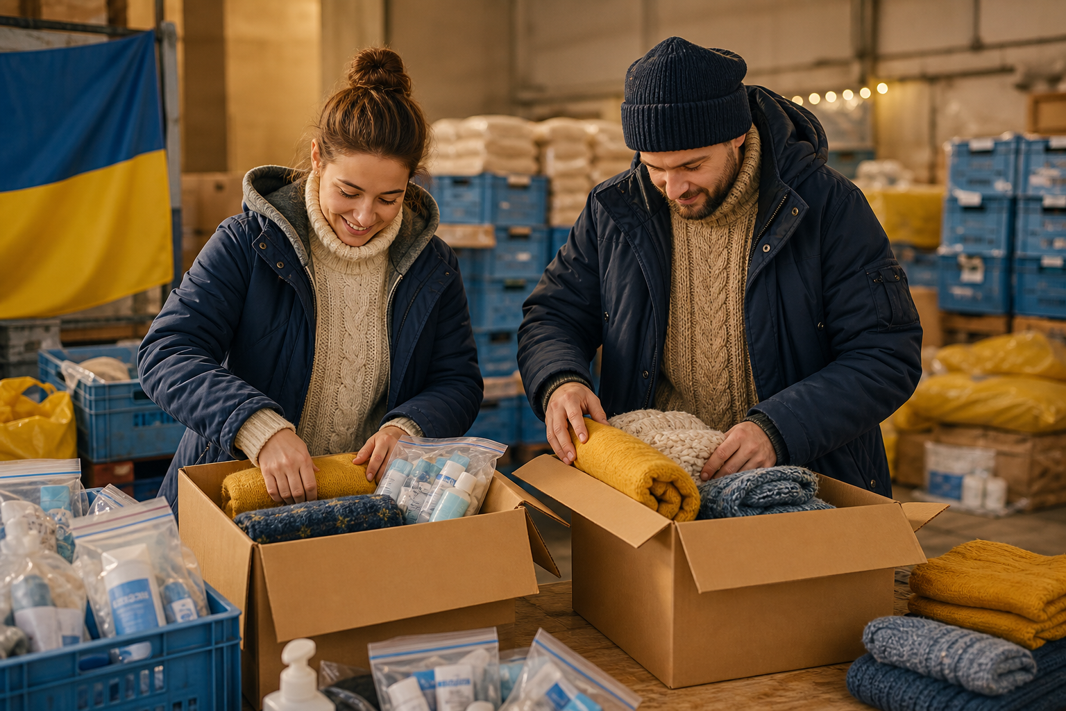 Volunteers packing emergency winter kits with thermal blankets and warm clothing