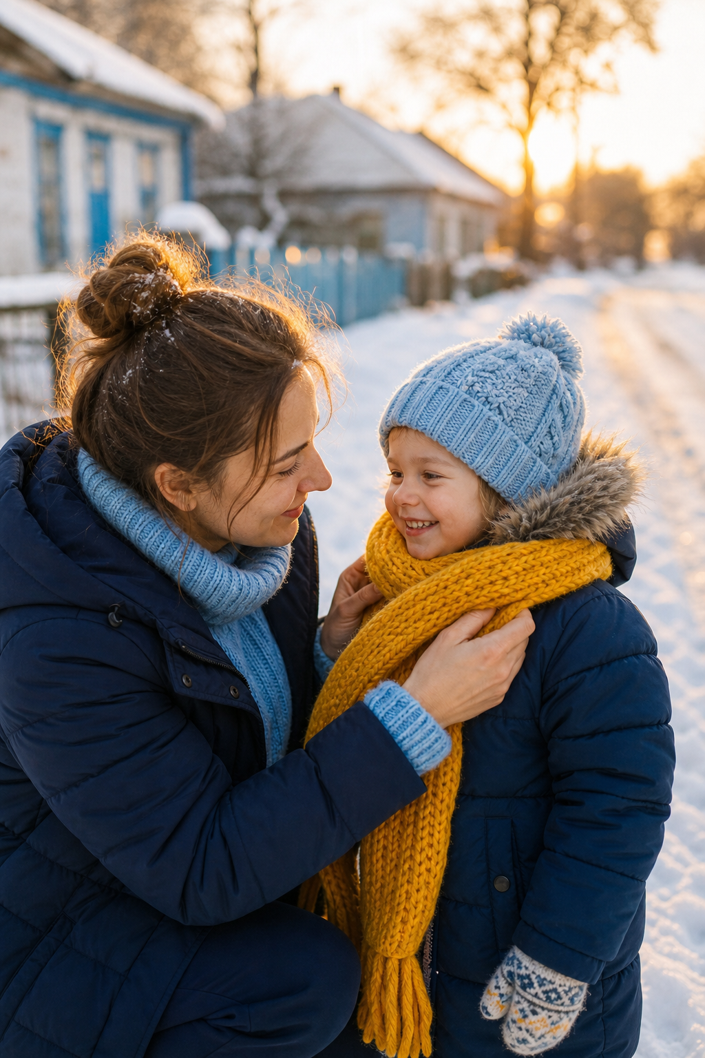 Mother wrapping a warm yellow scarf around her smiling young child outdoors in a snowy Ukrainian village