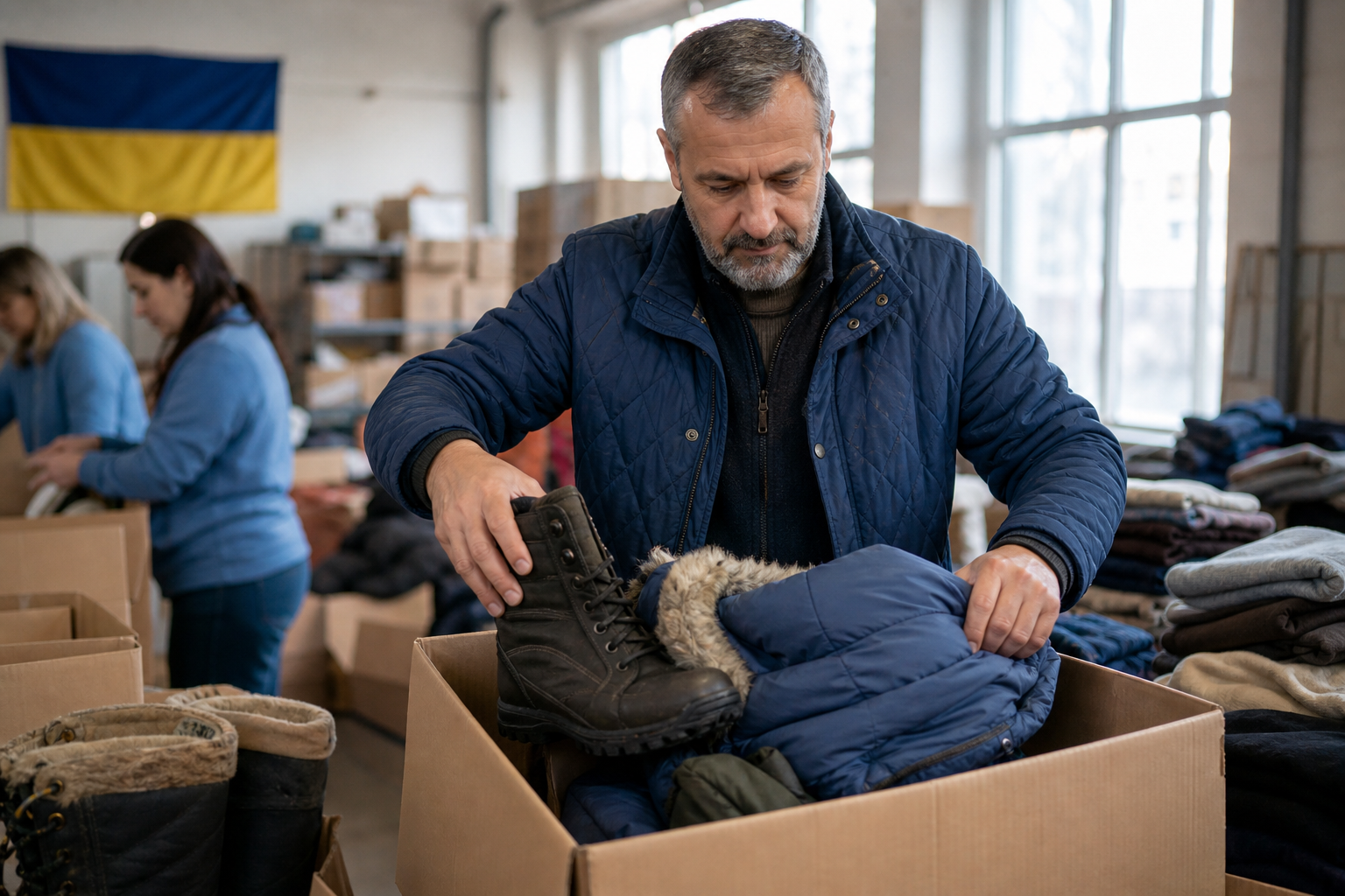 Andriy, a volunteer, sorting donated winter coats and boots into kits inside a community warehouse