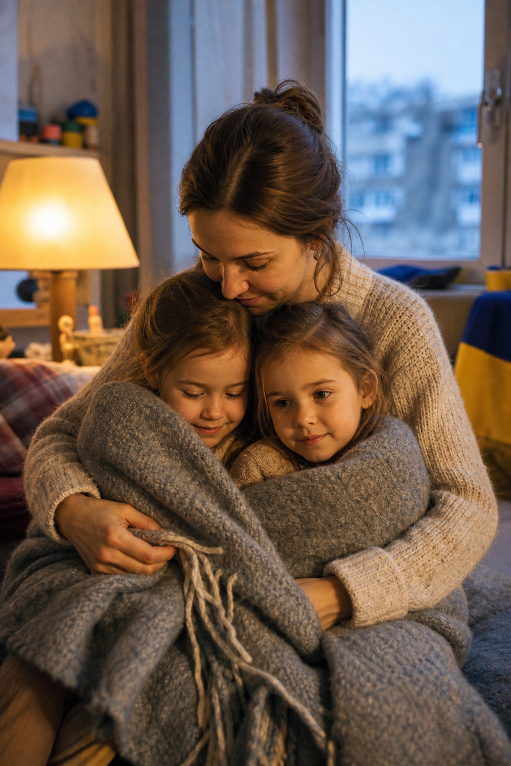 Oksana wraps a warm blanket around her two young daughters in their softly lit apartment