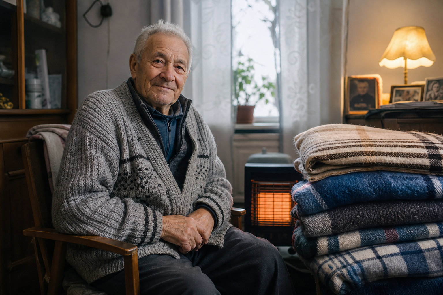 Petro, an elderly man, sitting beside a portable heater and thick folded blankets delivered to his home