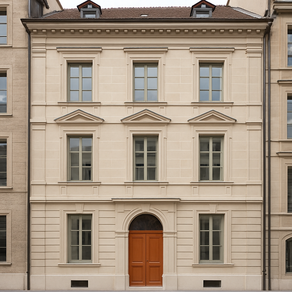 After: Restored historic Geneva townhouse facade with new windows and traditional detailing.