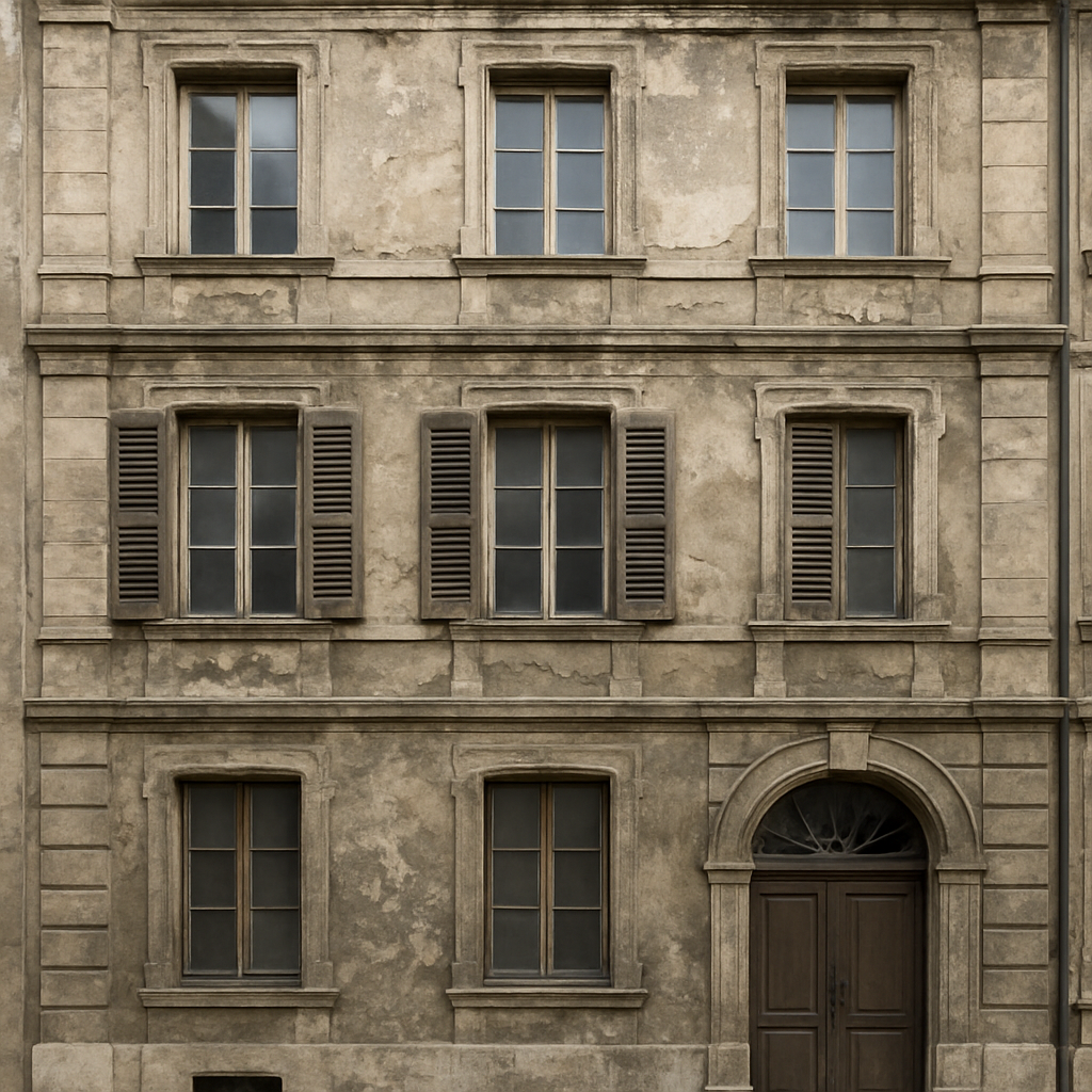 Before: Historic facade prior to restoration, weathered stonework, and faded details.