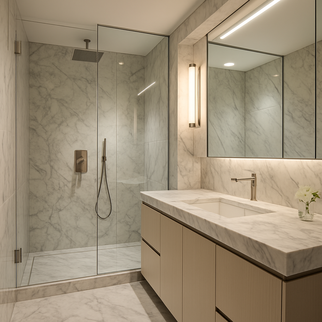After: Luxury bathroom suite with marble surfaces, walk-in shower, and bespoke cabinetry.