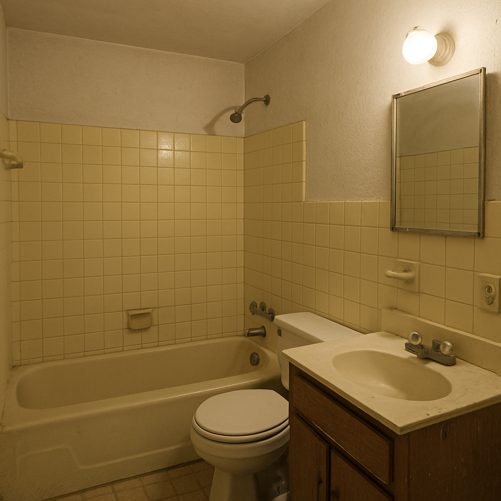 Before: Outdated bathroom before renovation, with aged fixtures and finishes.