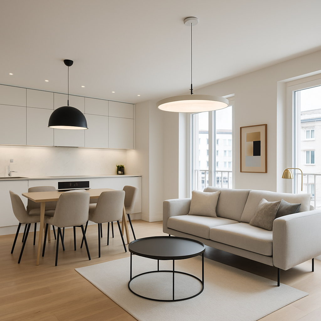 After: Modern apartment renovation with open-plan kitchen, designer lighting, and premium finishes.