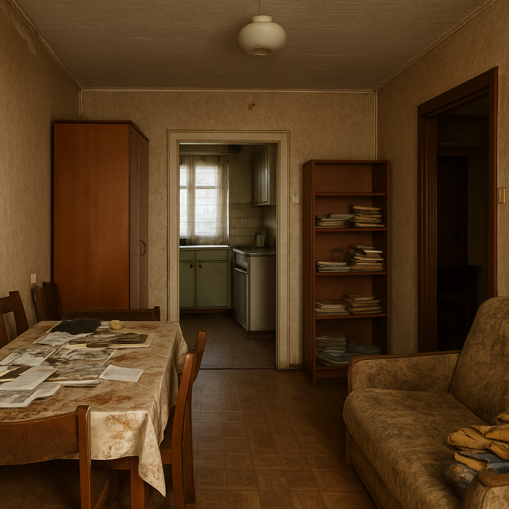 Before: Apartment interior prior to modern renovation, dated finishes, and closed-off layout.