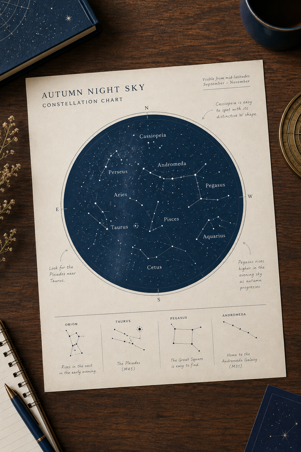 Printed-style constellation chart page with labeled autumn star patterns and simple field notes margins