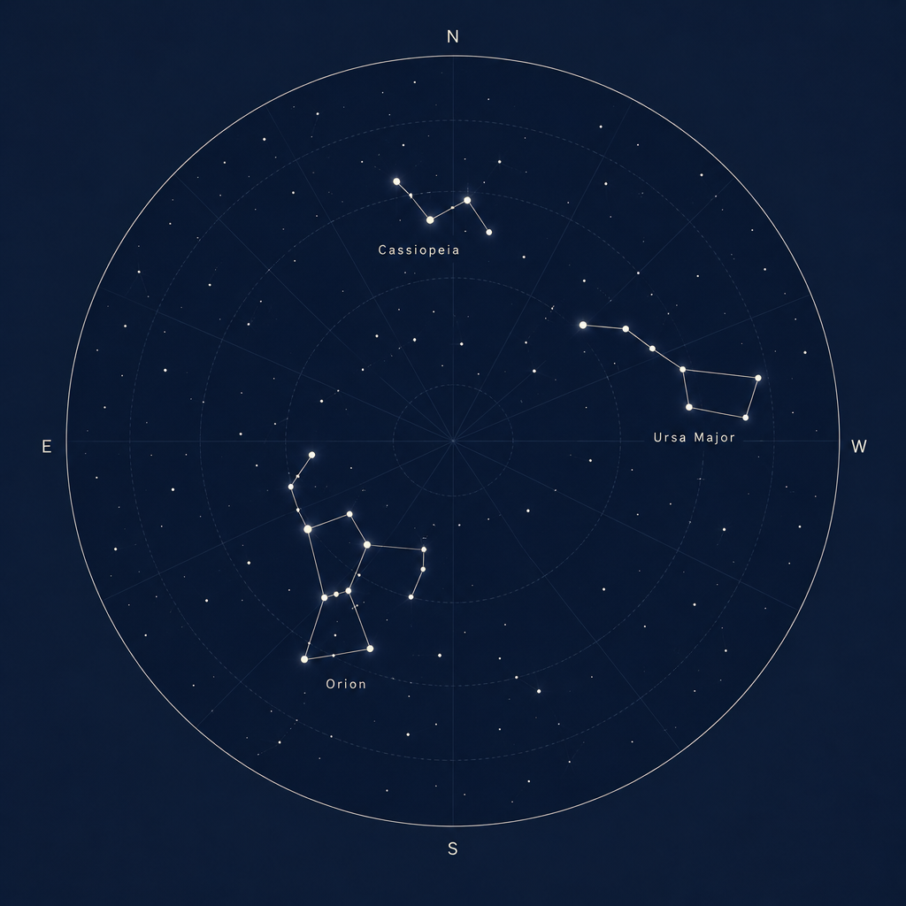 Simplified star map diagram showing recognizable constellations with connecting guide lines