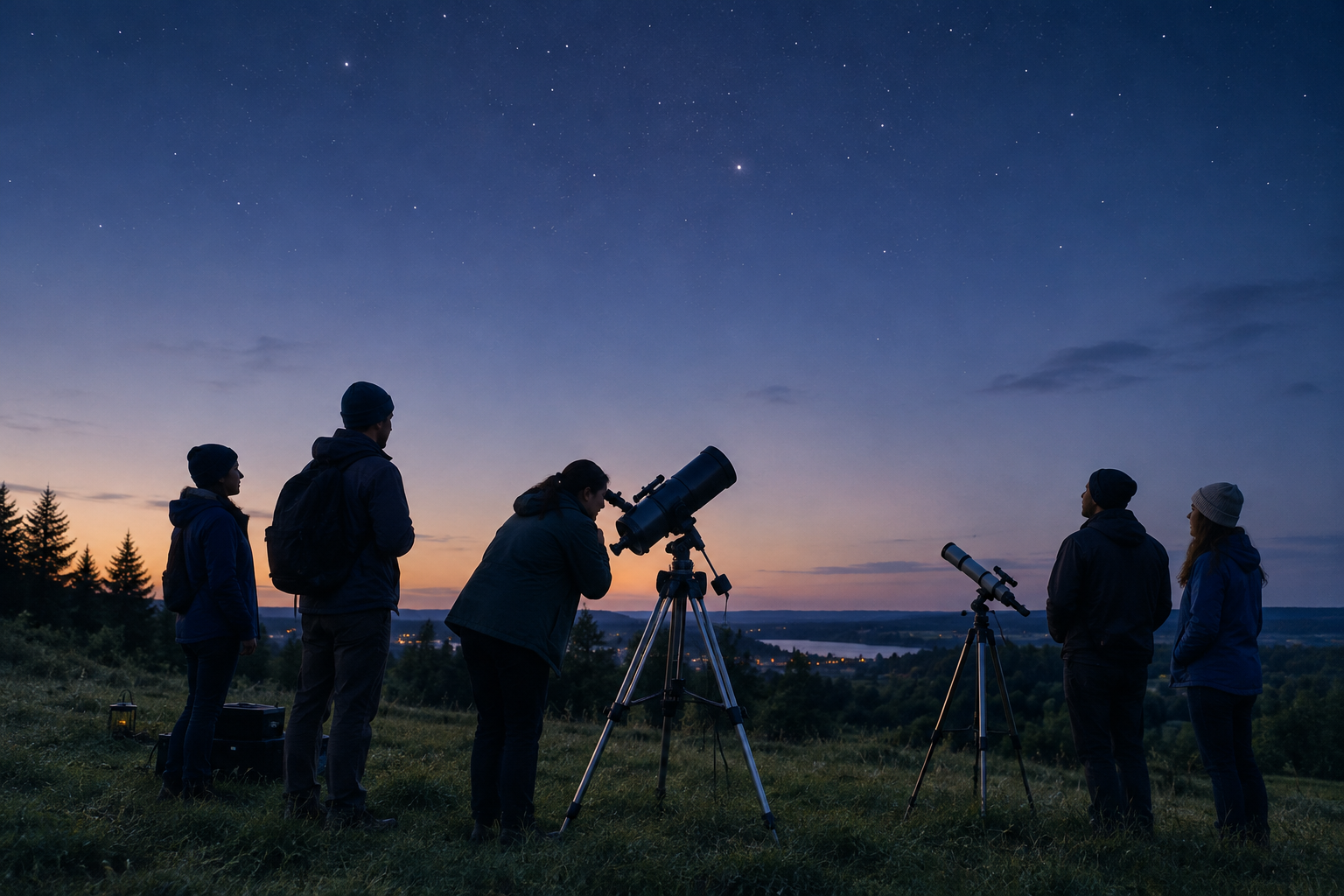 Calm twilight observing scene with a small group of amateur stargazers beside telescopes under a deepening blue sky