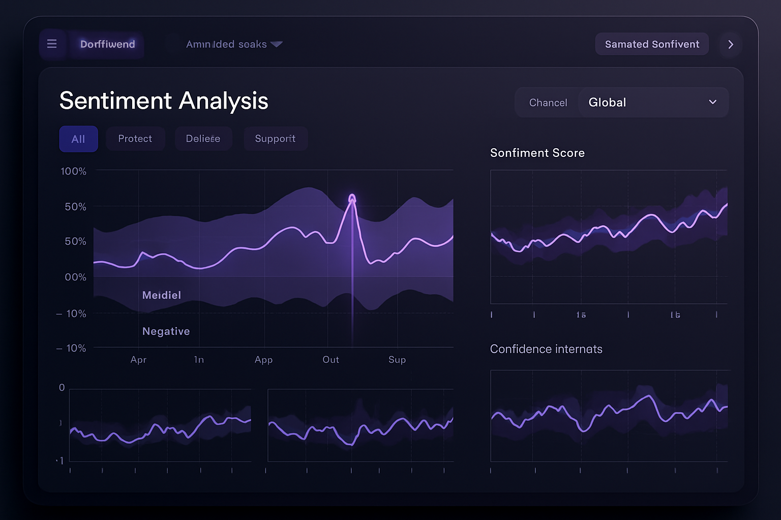 High-fidelity analytics dashboard showing animated sentiment graphs with trend lines, confidence bands, and segmented enterprise audience insights