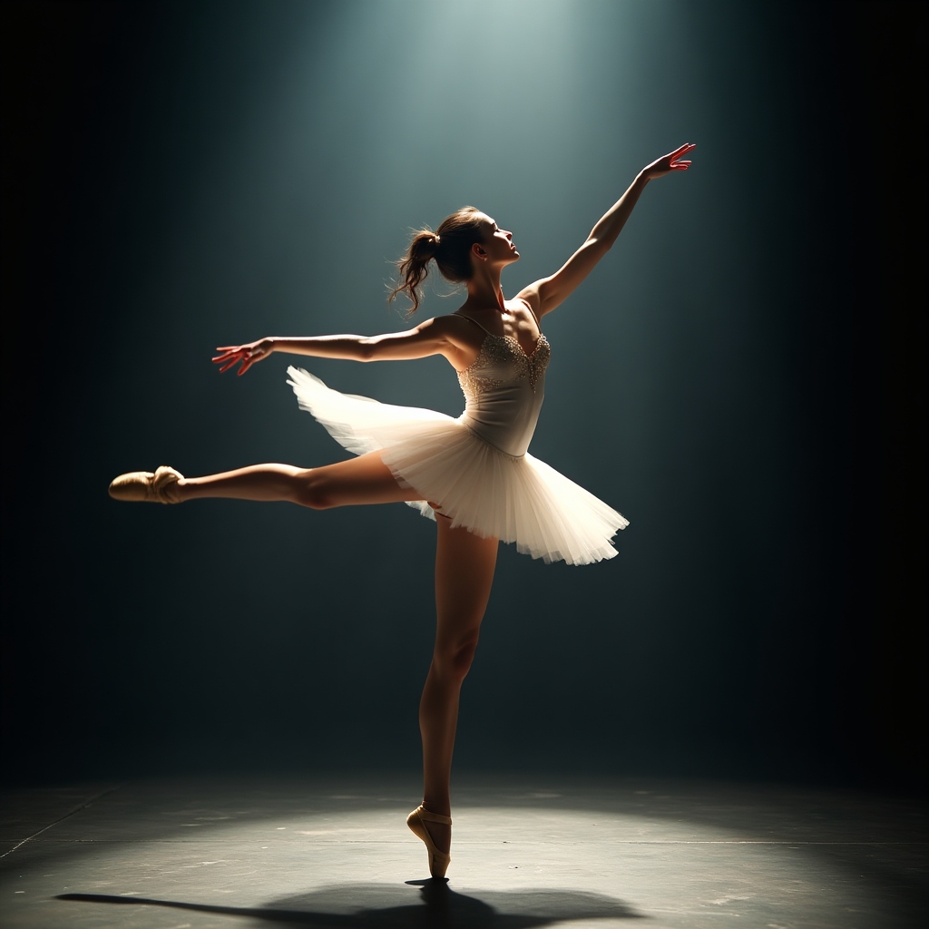 Ballerina launching a dramatic flying kick in mid-pirouette, spotlighted on stage with motion blur