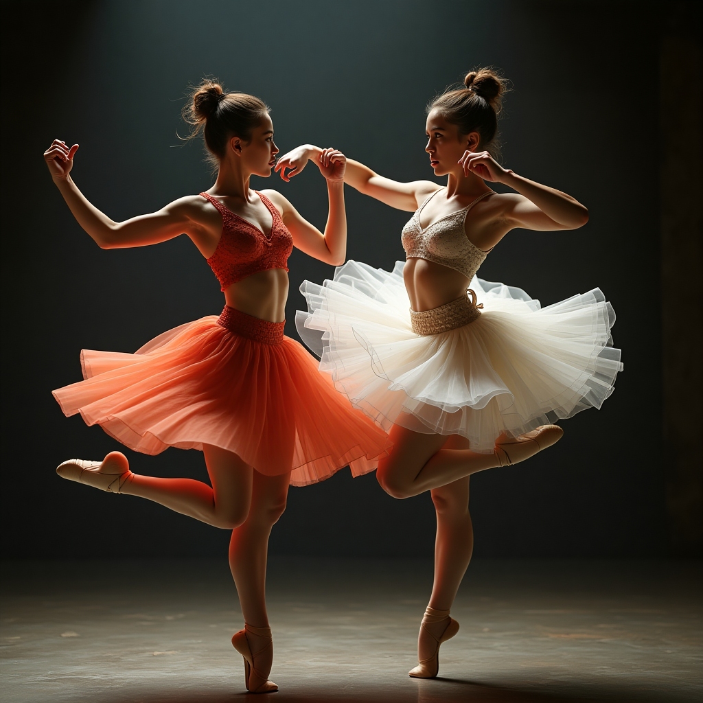 Two ballerinas in combat pose, one performing a spinning leap with fierce expression, elegant costumes swirling