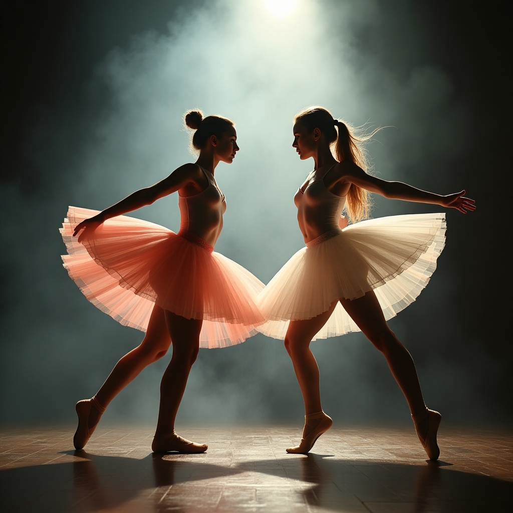 Intense face-off between ballerinas, tutus flared, dramatic lighting and stage fog