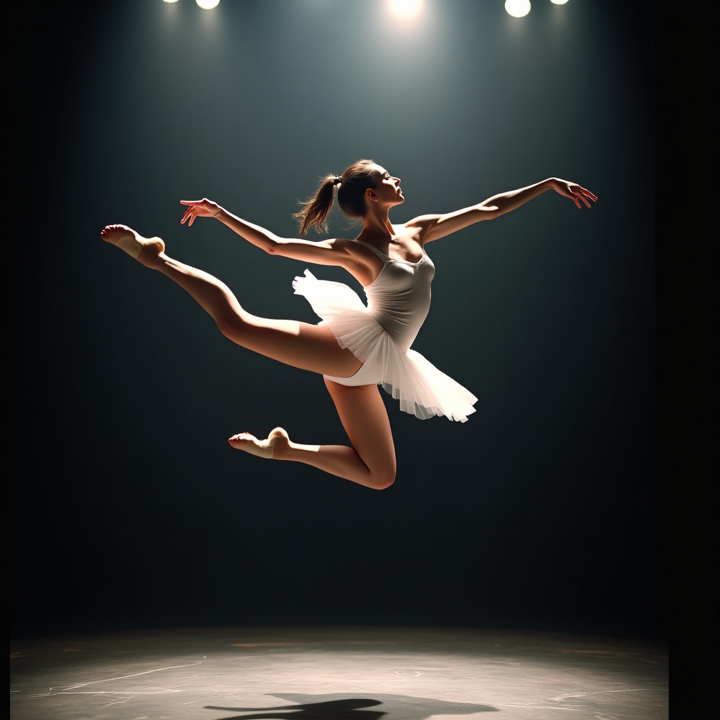 Ballerina performing a flying pirouette kick