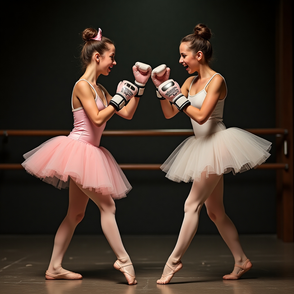 Two ballerinas in combat pose, tutu and gloves