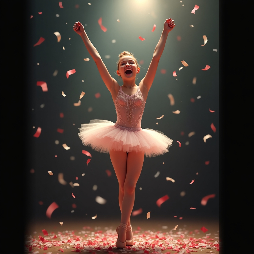 Victorious ballerina striking a champion pose, fist raised triumphantly, confetti falling on stage