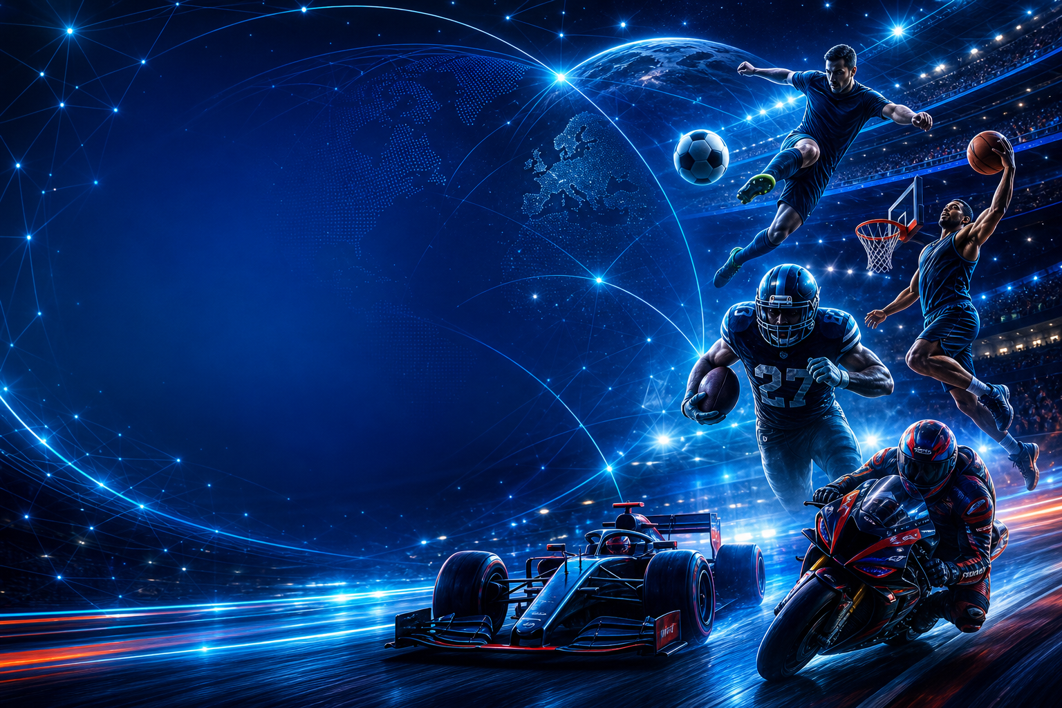 Escena deportiva global nocturna con estadio multideporte, estructura de globo con arcos orbitales, nodos conectados, acentos de estrellas y energía azul cian