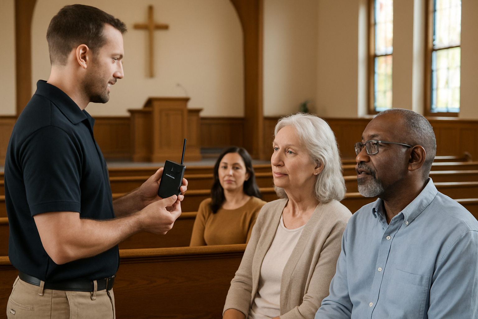 Professional technician demonstrating assistive listening audio to a diverse group inside a welcoming worship space
