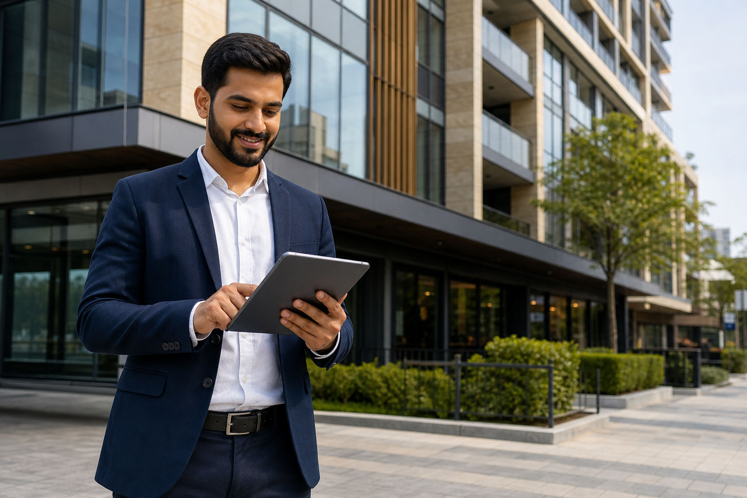 Professional real estate advisor with tablet reviewing local property listings in front of a modern mixed-use building