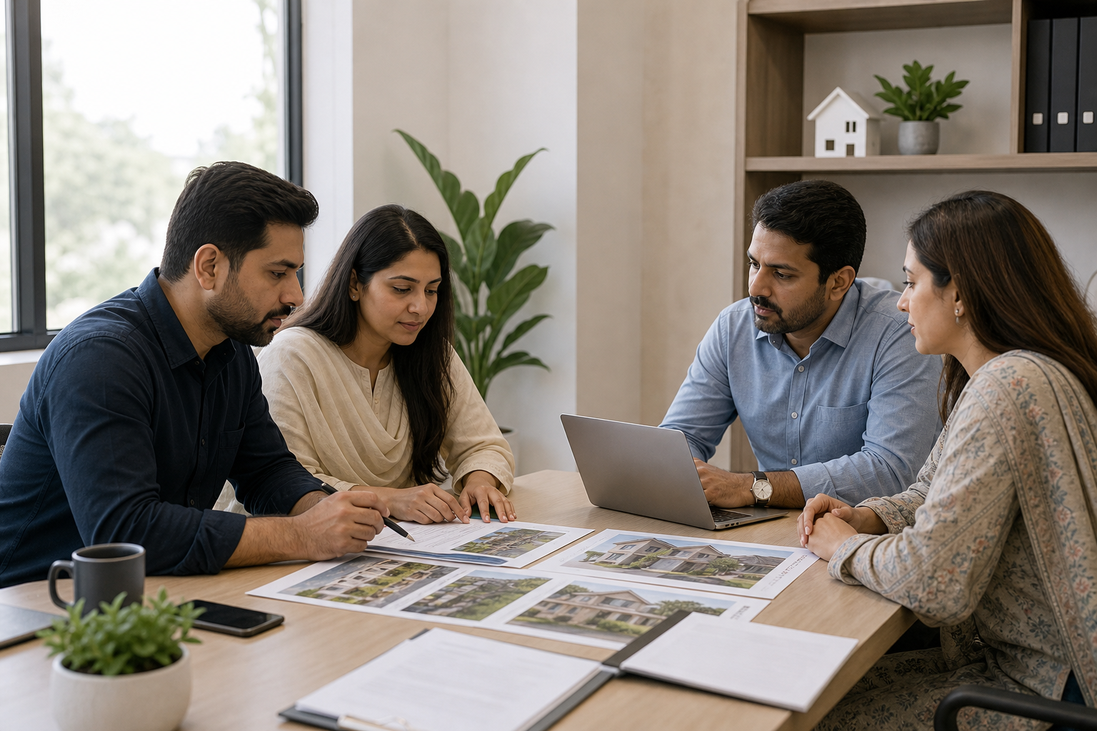 Local property office team reviewing neighborhood listings together
