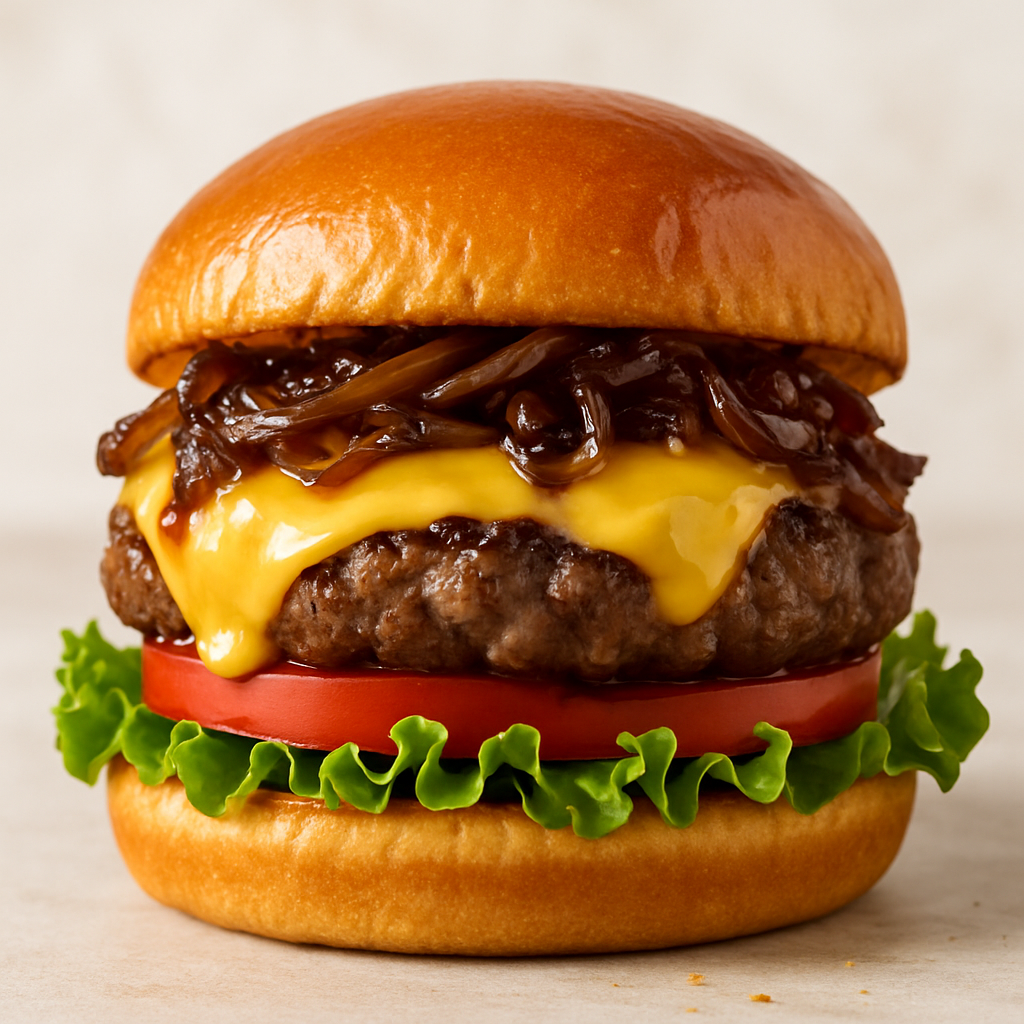 Gourmet burger with melted cheese, lettuce, tomato, caramelized onions, and a glossy bun, shot for maximum appetite appeal.