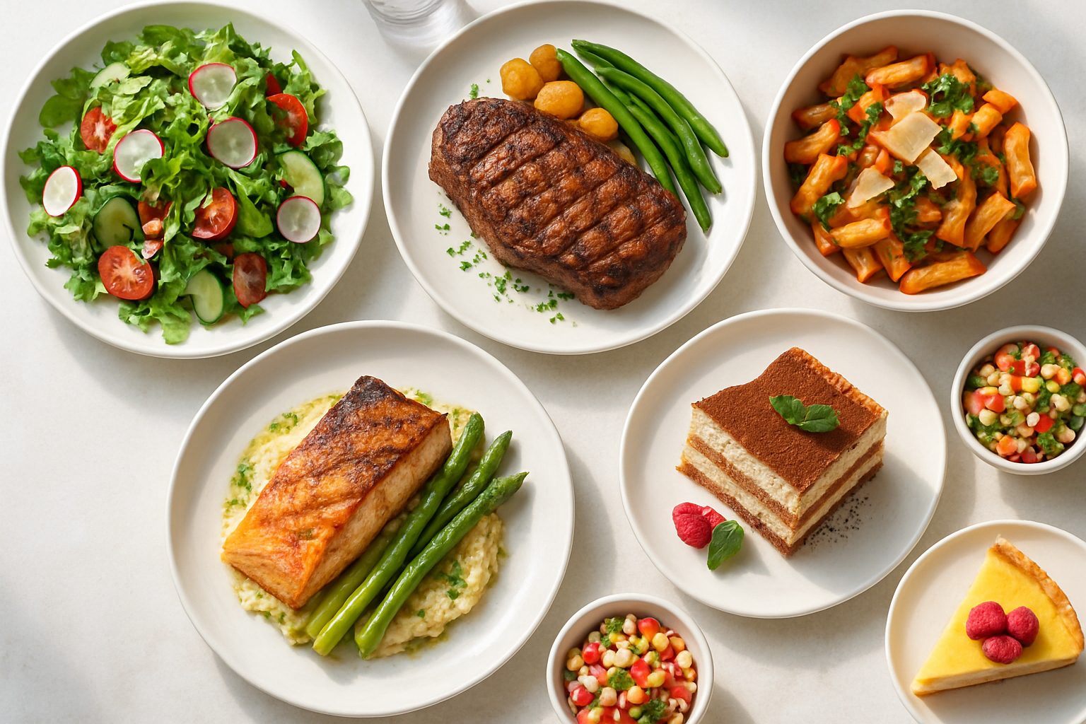 Bright appetizing assortment of professionally photographed restaurant dishes on a clean surface