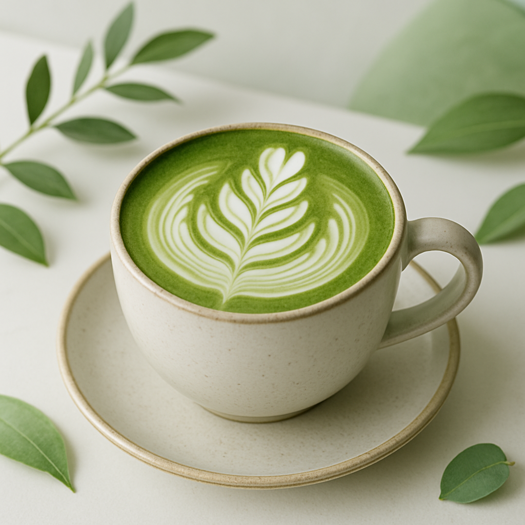 Elegant matcha latte in a ceramic cup with intricate leaf latte art, surrounded by subtle green accents.