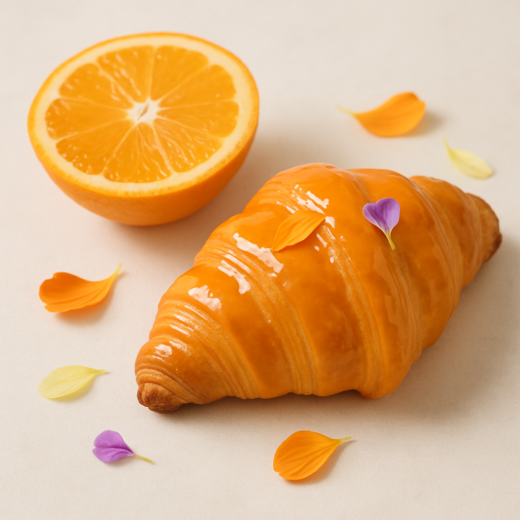 Buttery croissant with an orange glaze, set beside a sliced orange and delicate edible petals on a neutral background.