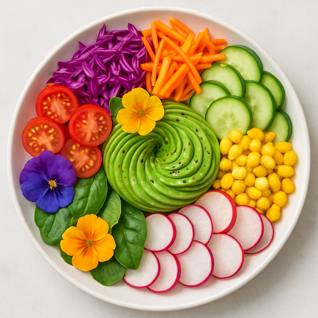 Vibrant rainbow salad bowl with crisp vegetables, avocado, and edible flowers, arranged artfully on a white plate.