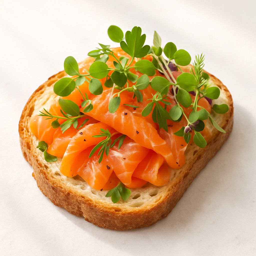Fresh salmon tartine with vibrant herbs and microgreens on rustic bread, shot in bright natural light.