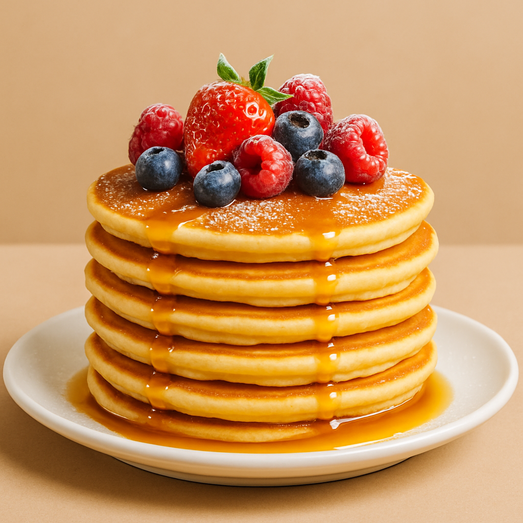 Stack of golden pancakes drizzled with syrup, topped with fresh mixed berries and a dusting of powdered sugar.