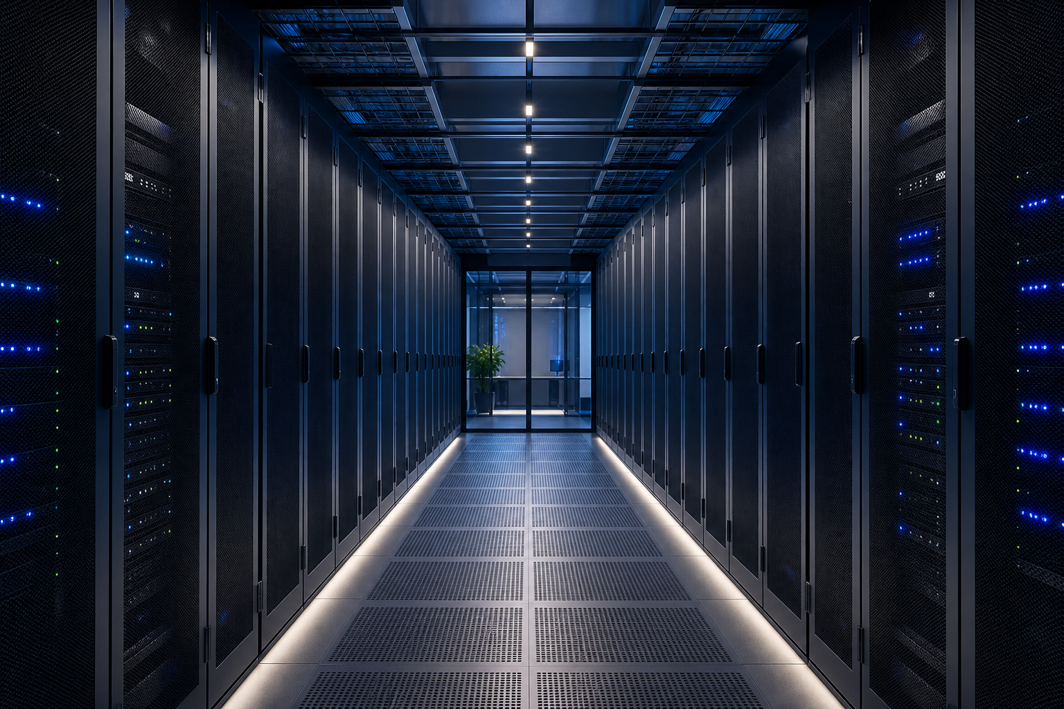 Wide view of a modern enterprise data center corridor with softly lit server racks, clean cable management, and a calm corporate atmosphere