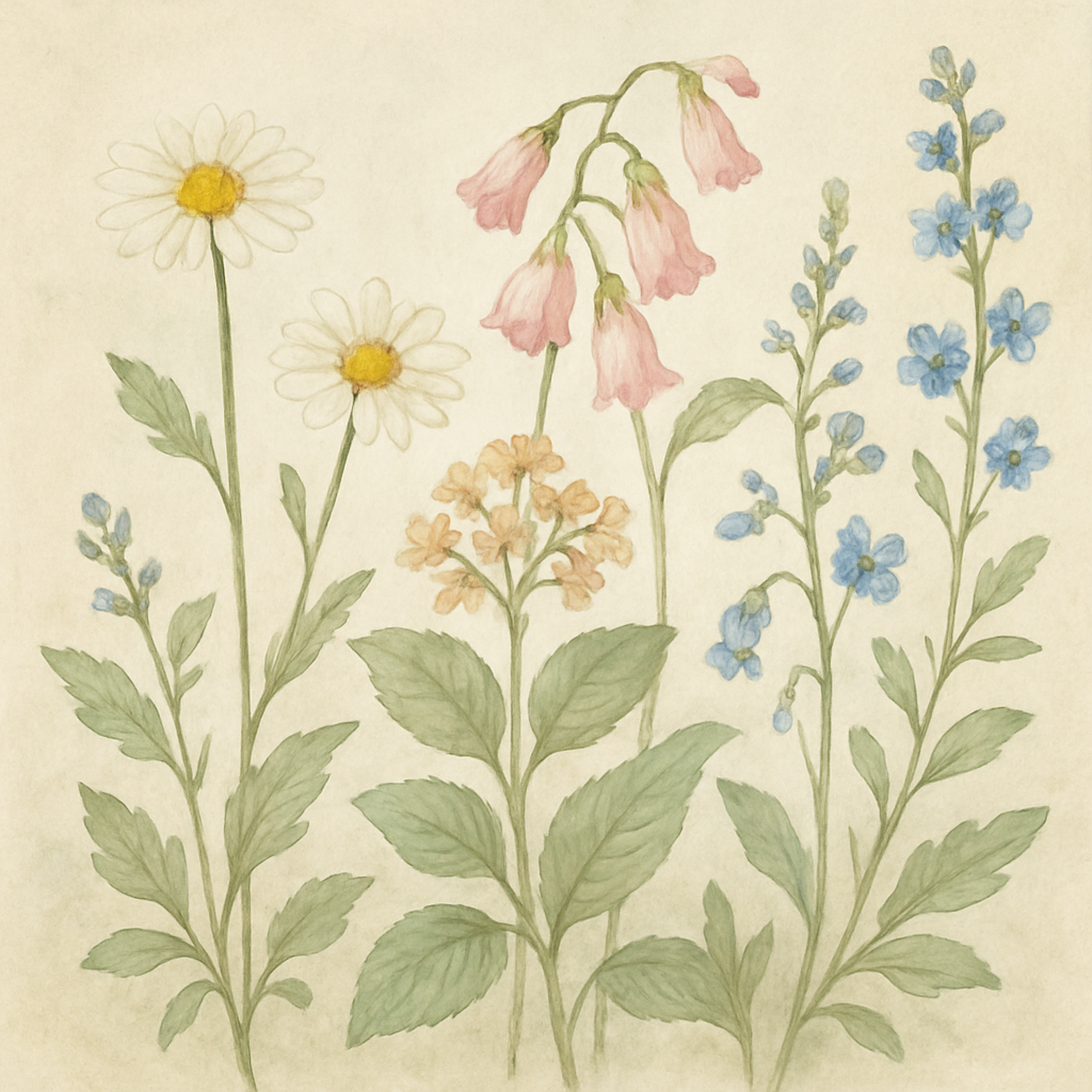 Detailed painting of delicate wildflowers and green leaves