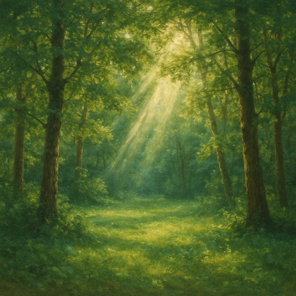Painting of sunbeams illuminating a lush green forest clearing